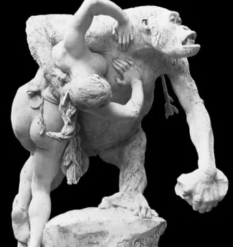 Emmanuel Frémiet’s Gorilla sculpture shows a gorilla carrying a woman on a rocky base, with an arrow in its arm.