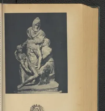 The Deposition marble sculpture shown in a black-and-white book photograph, with figures supporting a draped male body.