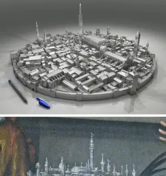 Composite image showing a 3D rendering of the Gioiello di Vicenza model above and a painting of a person holding a small city model below.