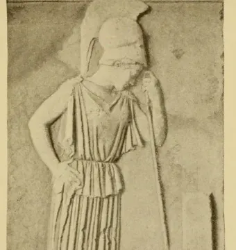 Mourning Athena, a helmeted female relief figure leaning on a staff beside a stone marker.