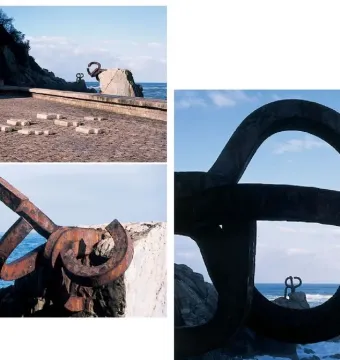 Three views of Peine del Viento, with dark steel sculptures set among rocks by the sea.