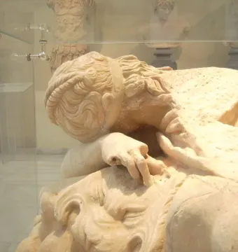 Detail of the Sleeping Maenad sculpture showing the reclining figure’s head, wavy hair, and one hand behind glass.