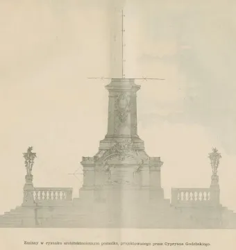 Faded architectural drawing of the Adam Mickiewicz Monument showing an ornate pedestal, steps, balustrades, and decorative reliefs.