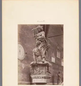 Donatello\'s Judith and Holofernes bronze sculpture showing Judith standing over Holofernes with a raised sword