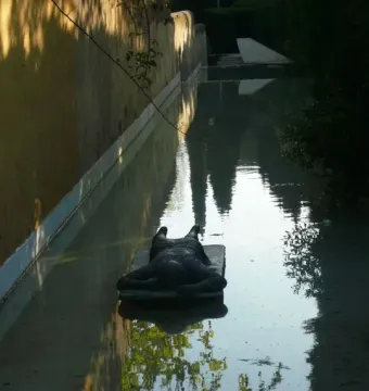 Ophelia Drowned reclining on a platform in a shallow canal beside greenery and a sunlit wall.