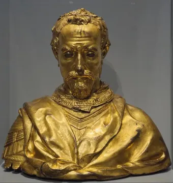 Saint Rossore Reliquary, a gold-toned bust of a bearded man with ornate hair and draped clothing.