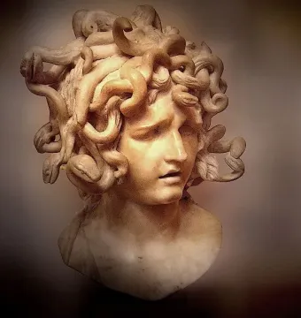 Bernini\'s Medusa in pale marble, with an anguished face and snakes intertwined as hair.