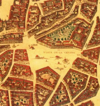 Historic map illustration of Plaza de la Cebada surrounded by tightly packed buildings and branching streets.