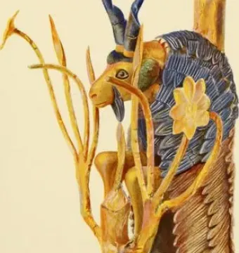 Ram in a Thicket sculpture with blue horns, a gold body, and branching plant forms on a patterned base.