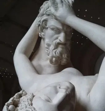 Satyre et Bacchante marble sculpture showing a bearded satyr holding a reclining woman