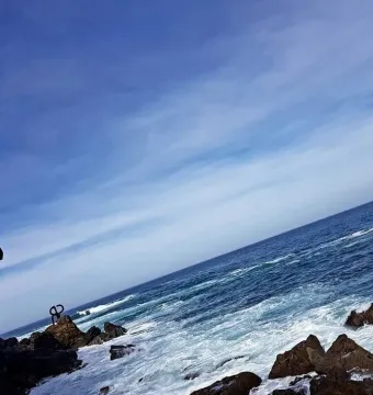 Peine del Viento steel sculptures on rocky coast with waves crashing nearby