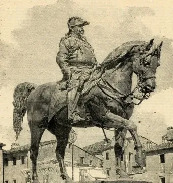 Victor Emmanuel II Monument shown as a vintage engraving of an equestrian statue on a stone pedestal.