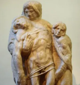 Palestrina Pietà marble sculpture showing three figures, including a nude central figure supported by two robed attendants.