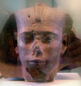 Weathered stone head of the Djedefre sphinx with a damaged nose and textured surface on a white display stand.