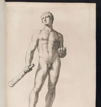 Engraving of Hercules of the Forum Boarium showing a muscular nude male figure holding a club and small rounded objects.