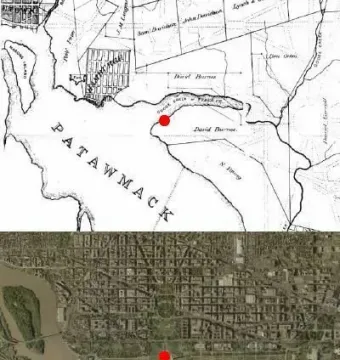Comparison map of Washington, D.C. with a red dot marking Jefferson Pier on both a historic map and a modern aerial view.