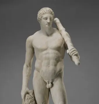 Lansdowne Heracles, a marble statue of a nude muscular man holding a club over his shoulder beside a lion skin.
