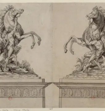 Drawing of the Marly Horses showing two rearing horses restrained by muscular male figures on ornate pedestals.