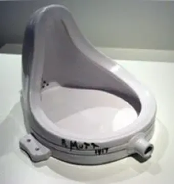 An inverted white porcelain urinal signed R. Mutt 1917 near the base.
