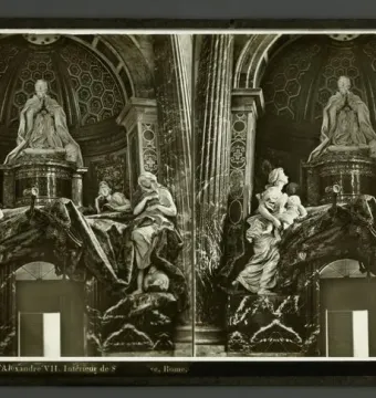 Tomb of Pope Alexander VII with a seated figure at the top, draped statues below, and a skeleton emerging from the base holding an hourglass.