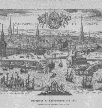 Panoramic 1611 engraving of Copenhagen harbor and cityscape.