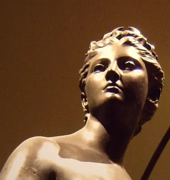 Close-up of Diana’s bronze head and upper torso, with a staff or spear visible beside her shoulder.