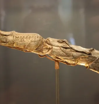 Swimming Reindeer carved from pale tusk material on a metal stand, showing two reindeer figures one behind the other.