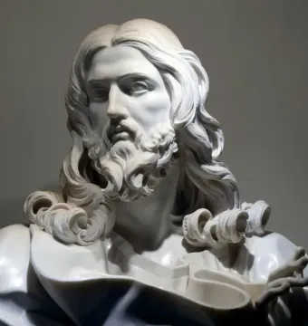Bust of the Saviour, a white marble bust of Jesus with long hair and a beard, turned slightly to the side.