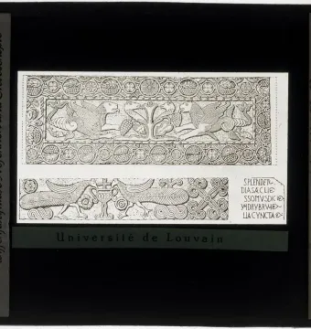 Plutei of Theodota with two carved relief panels showing winged lions, birds, a central tree, and a chalice with a cross.