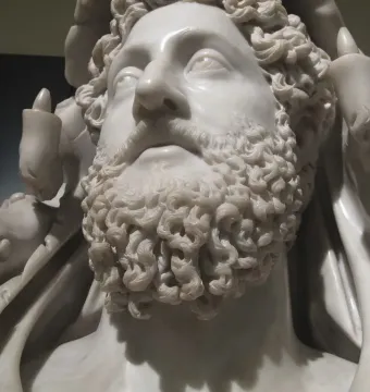 Close-up of the marble bust of Commodus as Hercules with a curly beard and lion skin draped over the shoulders.
