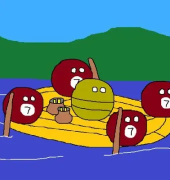 Cartoonish Muisca Raft with a green figure and four red figures on a yellow raft over blue water.