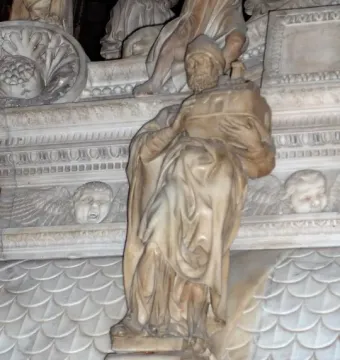 Saint Petronius marble statue holding a model of a city against his chest