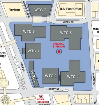 Map of the World Trade Center complex with two red markers showing the original and new location of The Sphere.