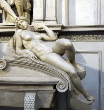 Dawn, a white marble sculpture of a reclining nude woman resting on her bent arm.