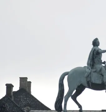 Frederick V equestrian statue in bronze against an overcast sky, with rooftops below.