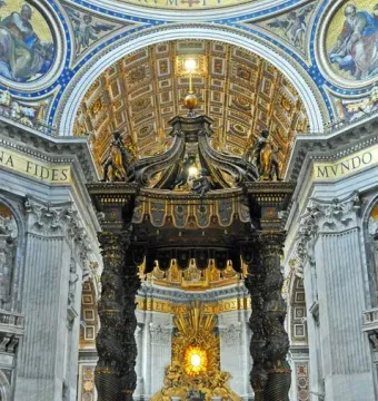 St. Peter\'s Baldachin with dark bronze spiraling columns and an ornate canopy beneath the basilica dome.