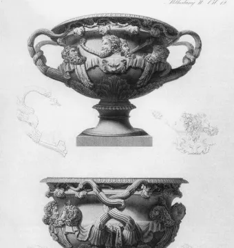 Two engraved views of the Warwick Vase, showing its ornate handles, patterned rim, and richly decorated body on a pedestal.