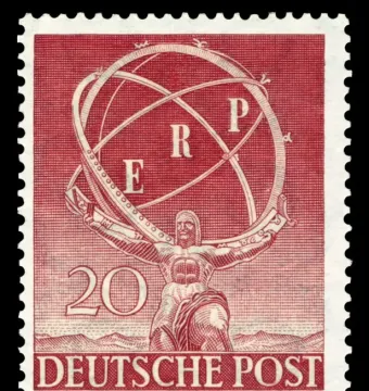 Atlas holds an armillary sphere marked ERP on a red and white Deutsche Post stamp.