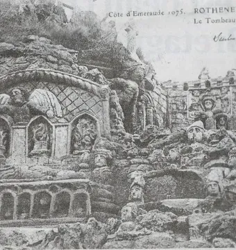 Rothéneuf Sculpted Rocks with a carved tomb-like structure and densely sculpted faces in the surrounding rock