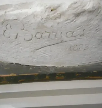 Close-up of the signature and date inscribed on The First Funeral by E. Barrias, 1883.