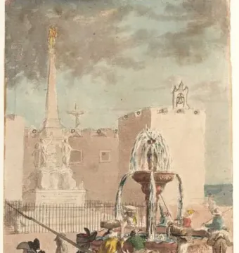 The Triumph of the Candelaria stands in a public square beside a fountain, with people and pack animals gathered around it.