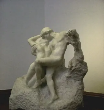 The Eternal Springtime marble sculpture of a nude man and woman in an intimate embrace