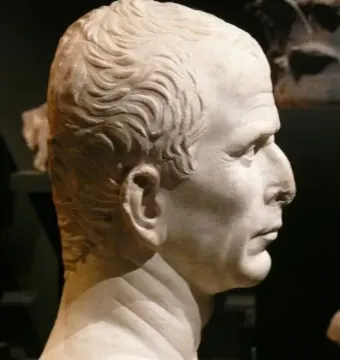 Arles Bust shown in profile, a light-colored stone head with short wavy hair and a prominent nose.