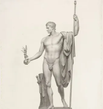 Napoleon as Mars the Peacemaker, a classical male figure holding a staff and a small winged figure on a globe
