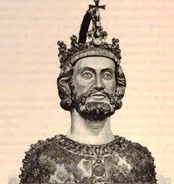 Bust of Charlemagne showing a bearded man with long wavy hair, a crown with a cross, and a decorated chest piece.