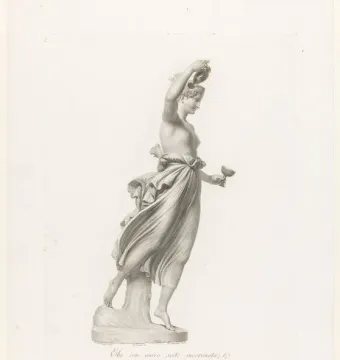 Neoclassical print of Hebe showing a female figure holding a pitcher overhead and a cup in the other hand.