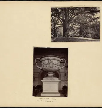 The Warwick Vase, a large ornate urn with two handles, standing on a pedestal before an arched backdrop.