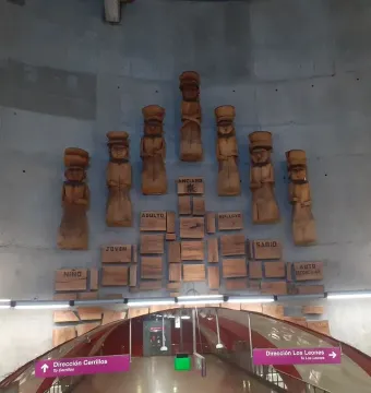 Chemamull wooden figures arranged in a staggered pattern on a curved concrete wall.