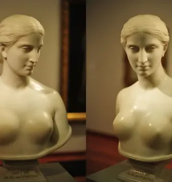 Marble bust of a woman titled California.