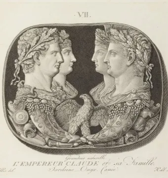 Gemma Claudia cameo with four classical profile portraits, two laurel-wreathed figures and two crowned figures with an eagle and cornucopias below.